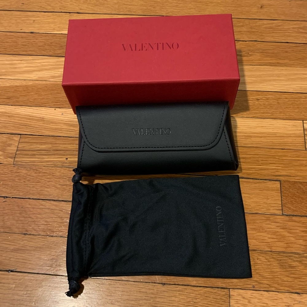 Valentino sunglass case with box and soft drawstring bag